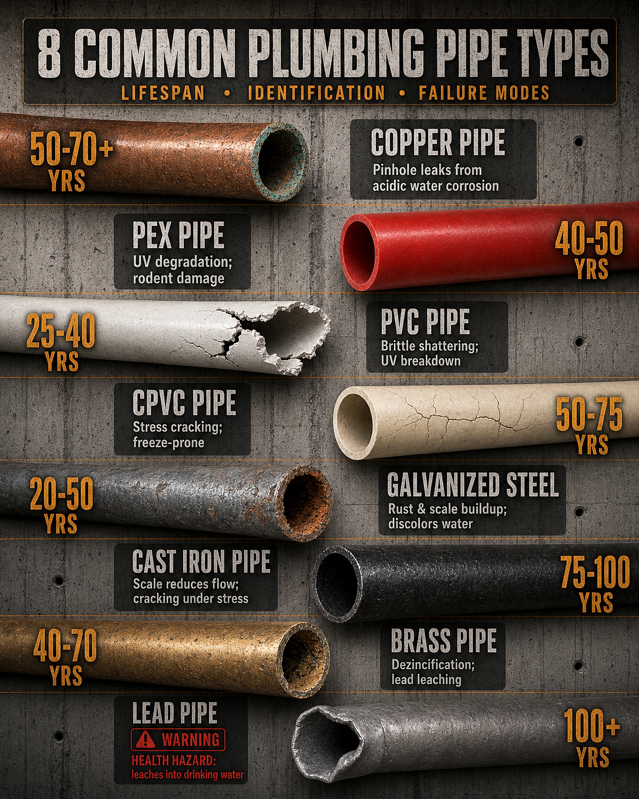 Infographic showing common plumbing pipe types, approximate lifespan, identification cues, and common failure modes